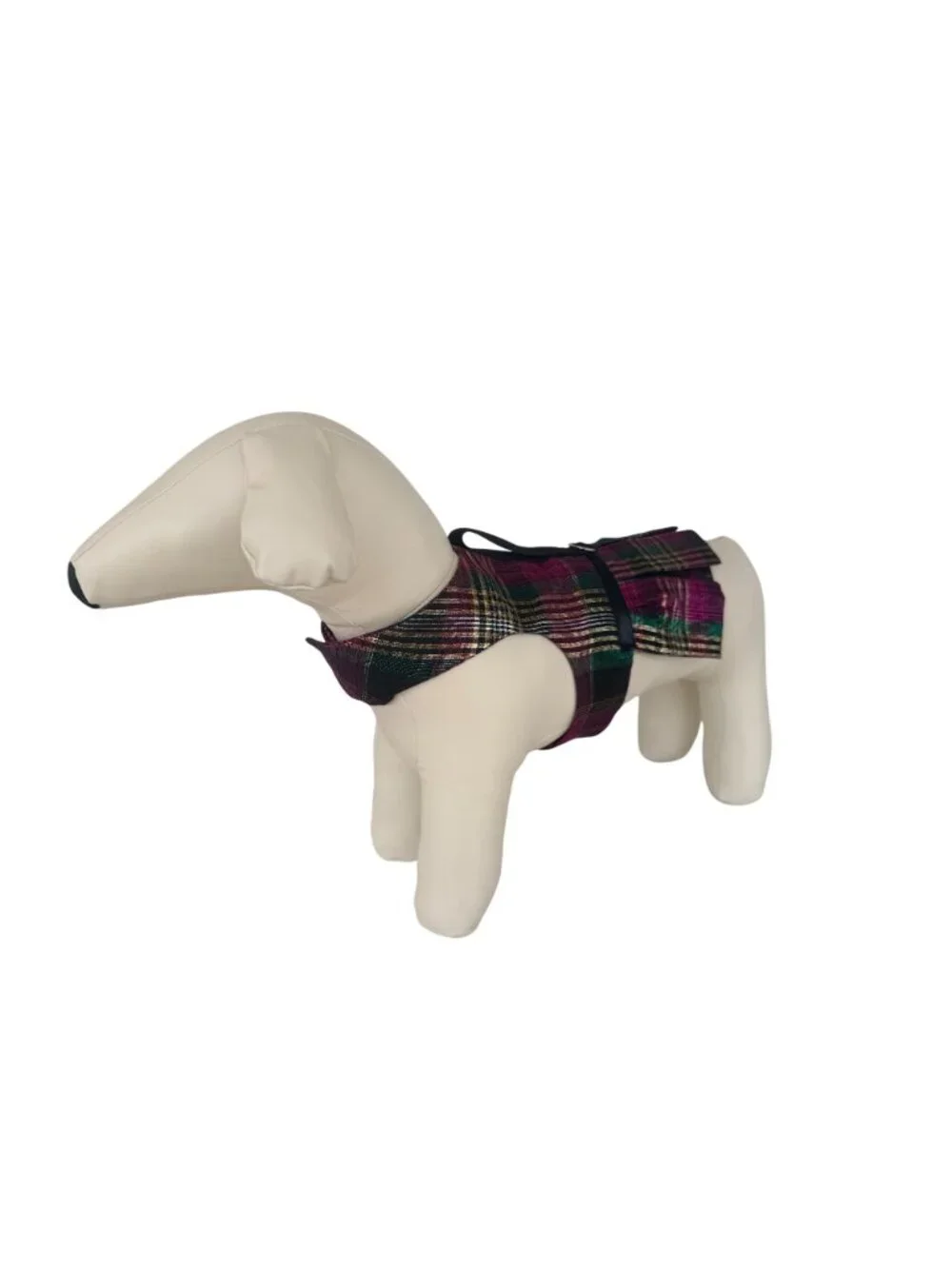 Handmade Small Dog Adjustable Dress Outfit w Harness Tartan Plaid Gold Pink Gree